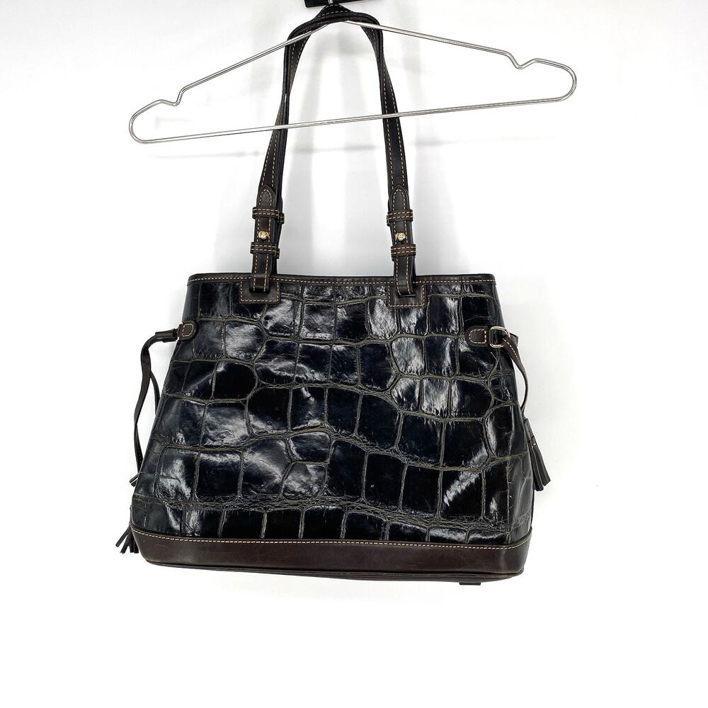 Dooney & Bourke Croco Embossed Leather Tassel Shoulder Tote Bag Brown